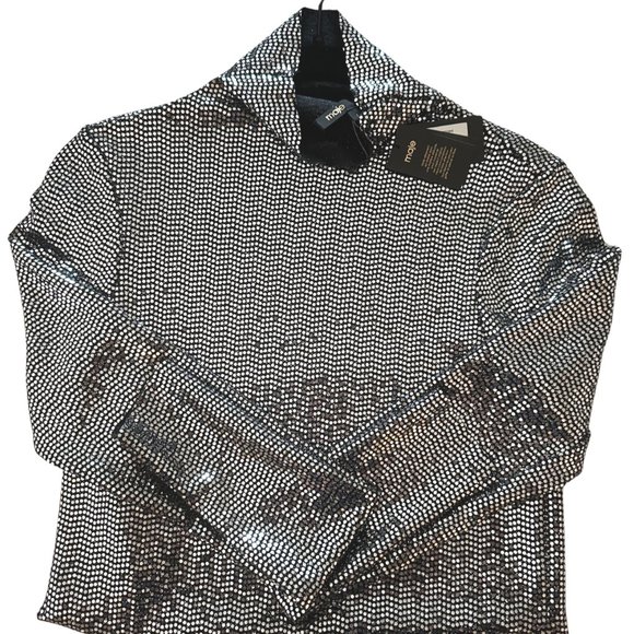 NWT Women's Maje Silver Sequined Metallic Funnel Turtle Neck Shirt - Picture 6 of 9